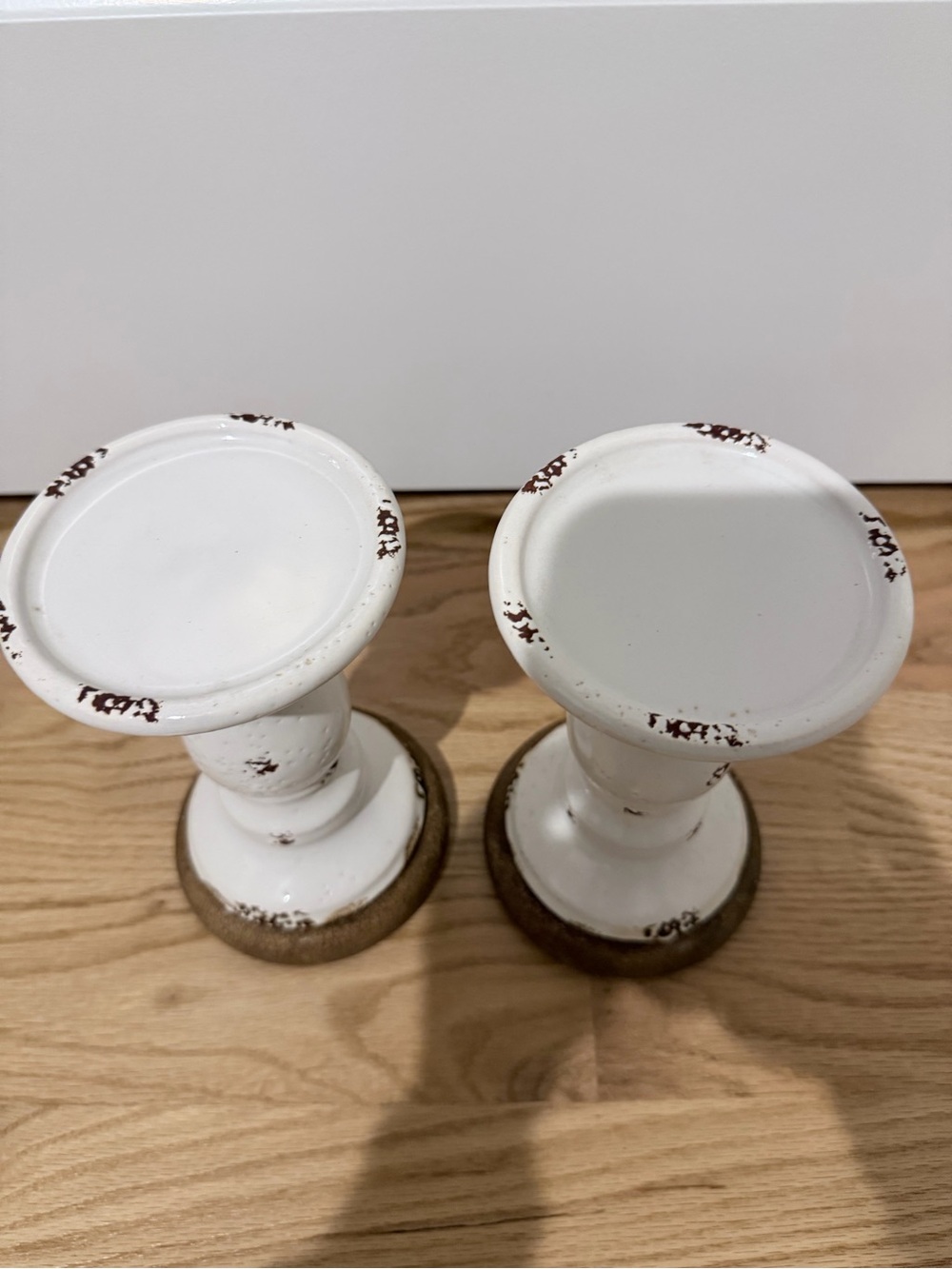 Distressed White Wood-Style Candle Holders - Set of 2 - Picture 3 of 4